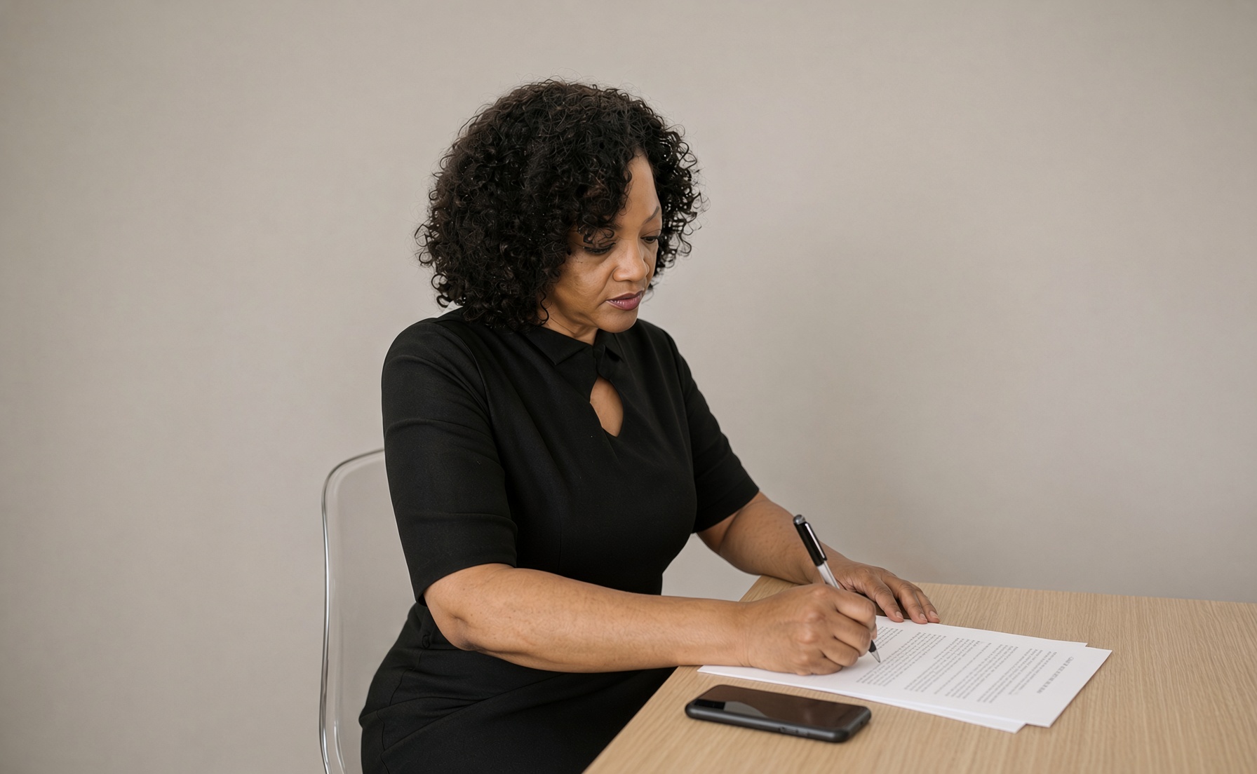 A matchmaker seated at a wooden table, writing on a sheet of paper beside her phone